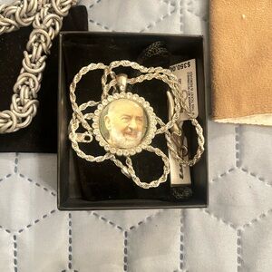 Silver Padra Pio Pendant with Custom Padra Pio Photo. Beautiful 20 inches.